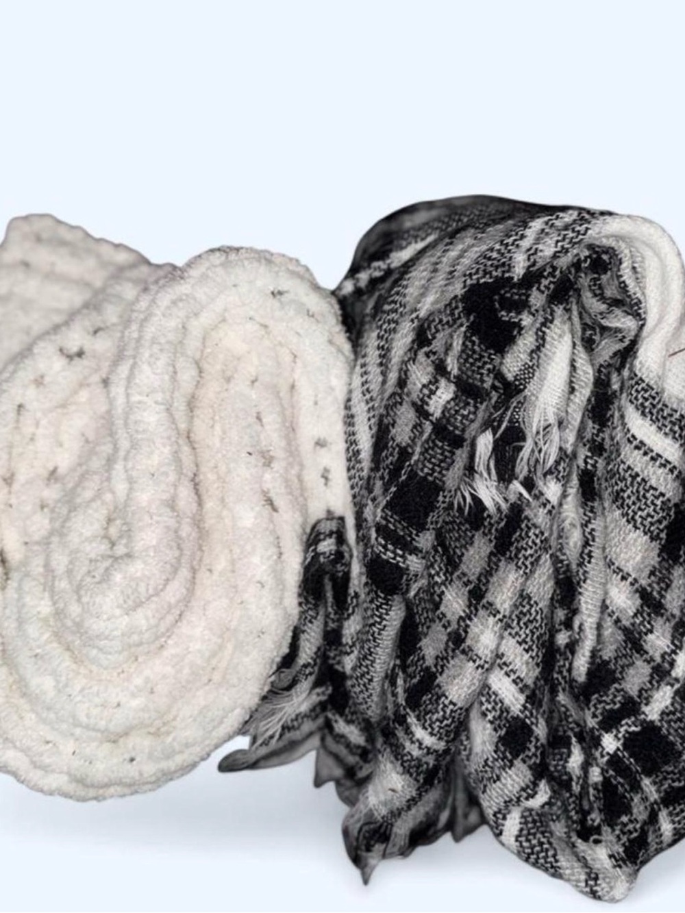 Cozy Black & White Plaid and White Scarf Set